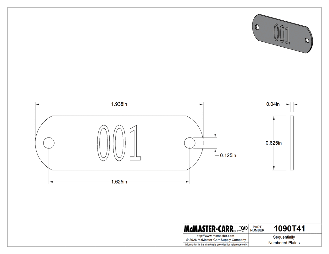 Technical Drawing of Sequentially Numbered Plates, 304 Stainless Steel Rectangle, 5/8" x 1-15/16", Characters 001-010.